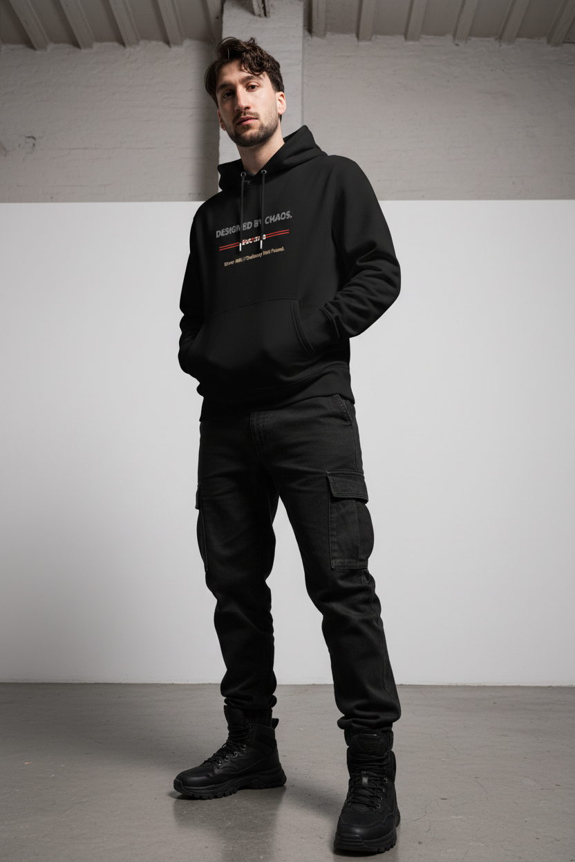 Designed by Chaos – Black Hoodie Mockup