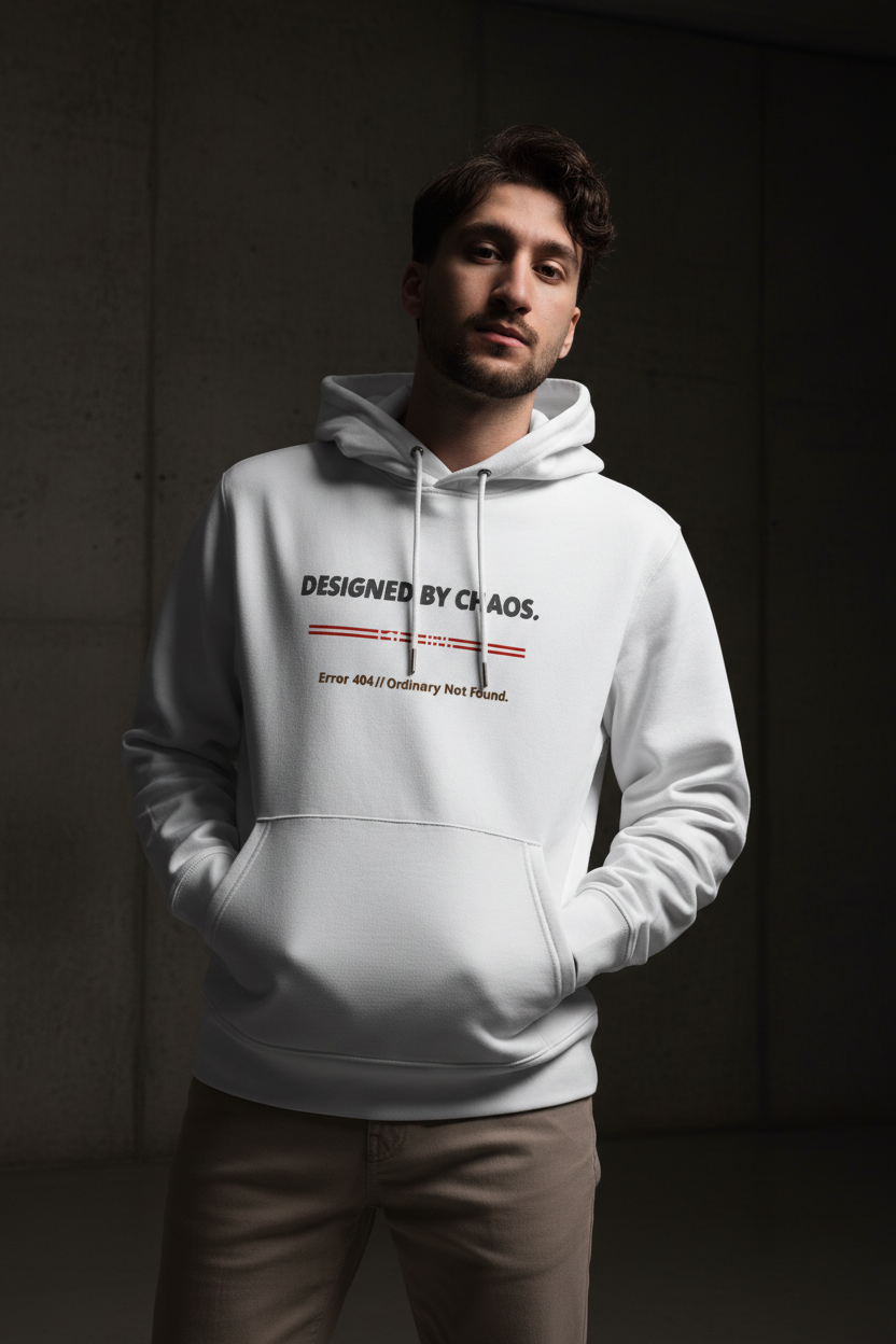 Designed by Chaos – White Hoodie Editorial Mockup