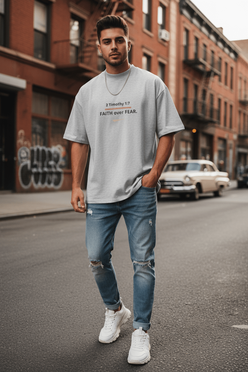 Faith Over Fear Tee | Organic Oversized High Neck | Pick Me Mystic Wear - Pick Me Mystic WearFaith Over Fear Tee | Organic Oversized High Neck | Pick Me Mystic WearT-ShirtPrintifyPick Me Mystic Wear2574035_21002Faith over Fear – Male ModelSHeather Grey