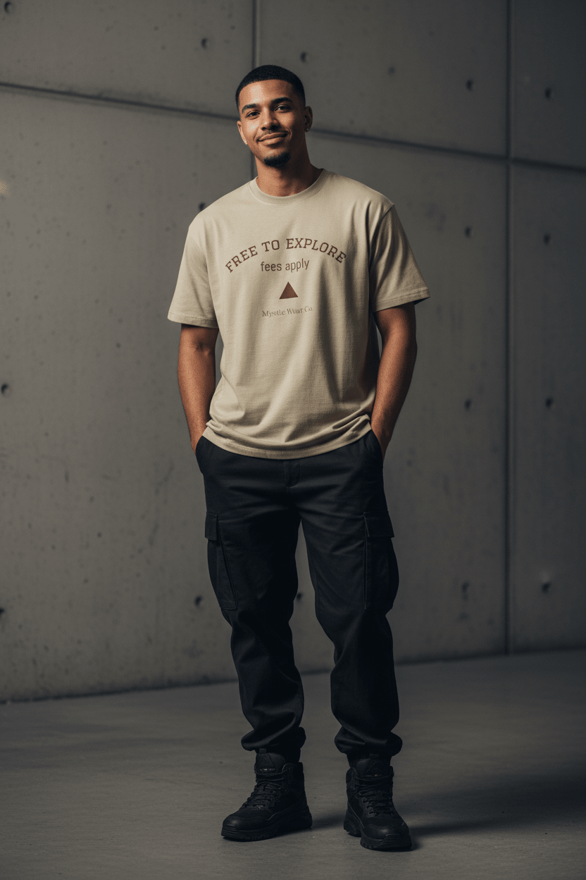 Free to Explore oversized tee in sand – conscious streetwear UK