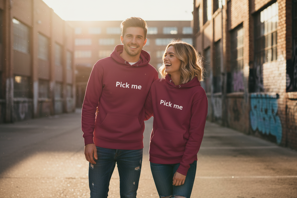 Maroon hoodie couple