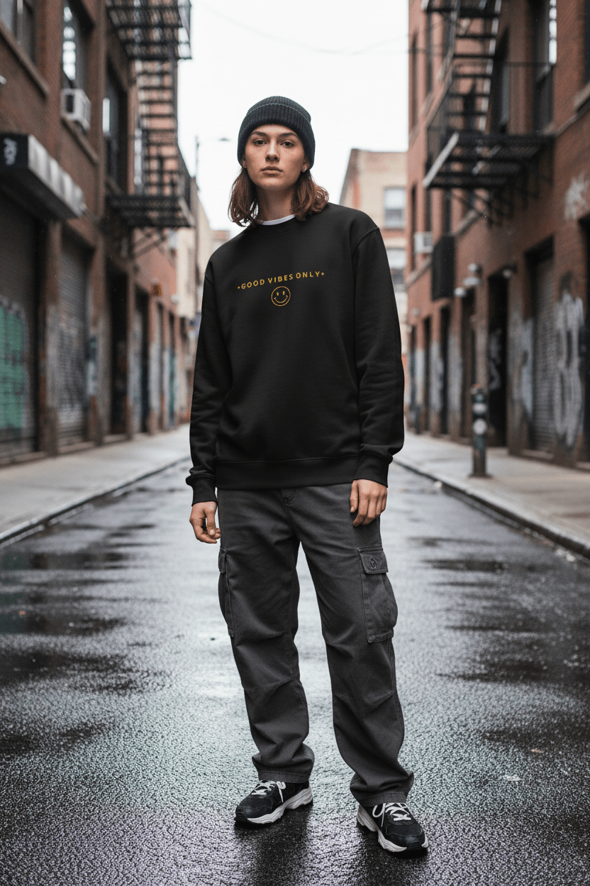 Premium Crew Neck Sweatshirt – Unisex - Pick Me Mystic WearPremium Crew Neck Sweatshirt – UnisexPick Me Mystic Wear Pick Me Mystic Wear7403148_22126Good Vibes Only Sweatshirt - Black Urban MockupSBlack
