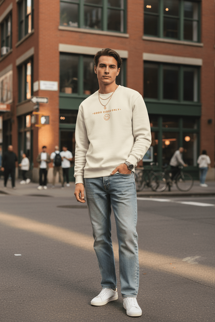 Premium Crew Neck Sweatshirt – Unisex - Pick Me Mystic WearPremium Crew Neck Sweatshirt – UnisexPick Me Mystic Wear Pick Me Mystic Wear7403148_22126Good Vibes Only Sweatshirt - Sandshell Urban MockupSBlack
