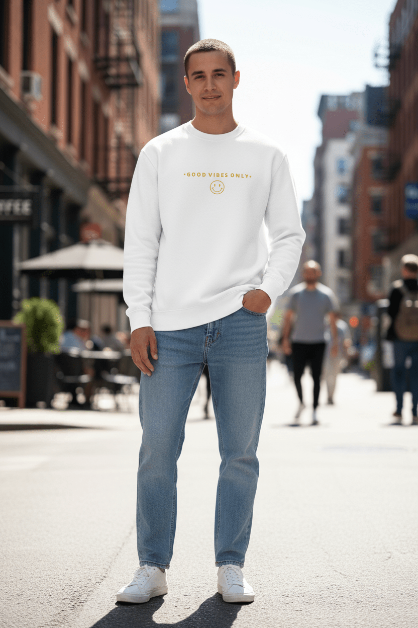 Premium Crew Neck Sweatshirt – Unisex - Pick Me Mystic WearPremium Crew Neck Sweatshirt – UnisexPick Me Mystic Wear Pick Me Mystic Wear7403148_22126Good Vibes Only Sweatshirt - White Urban MockupSBlack