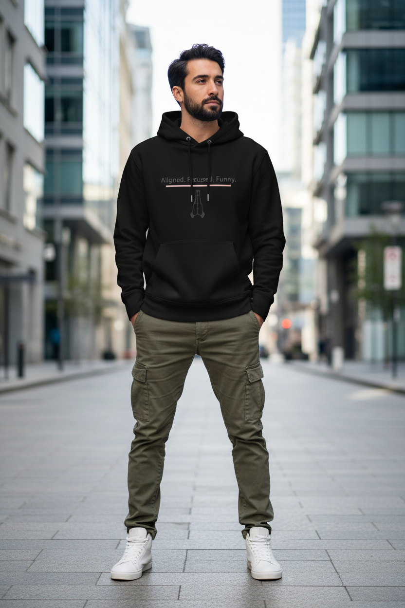 Sharp black hoodie lifestyle campaign