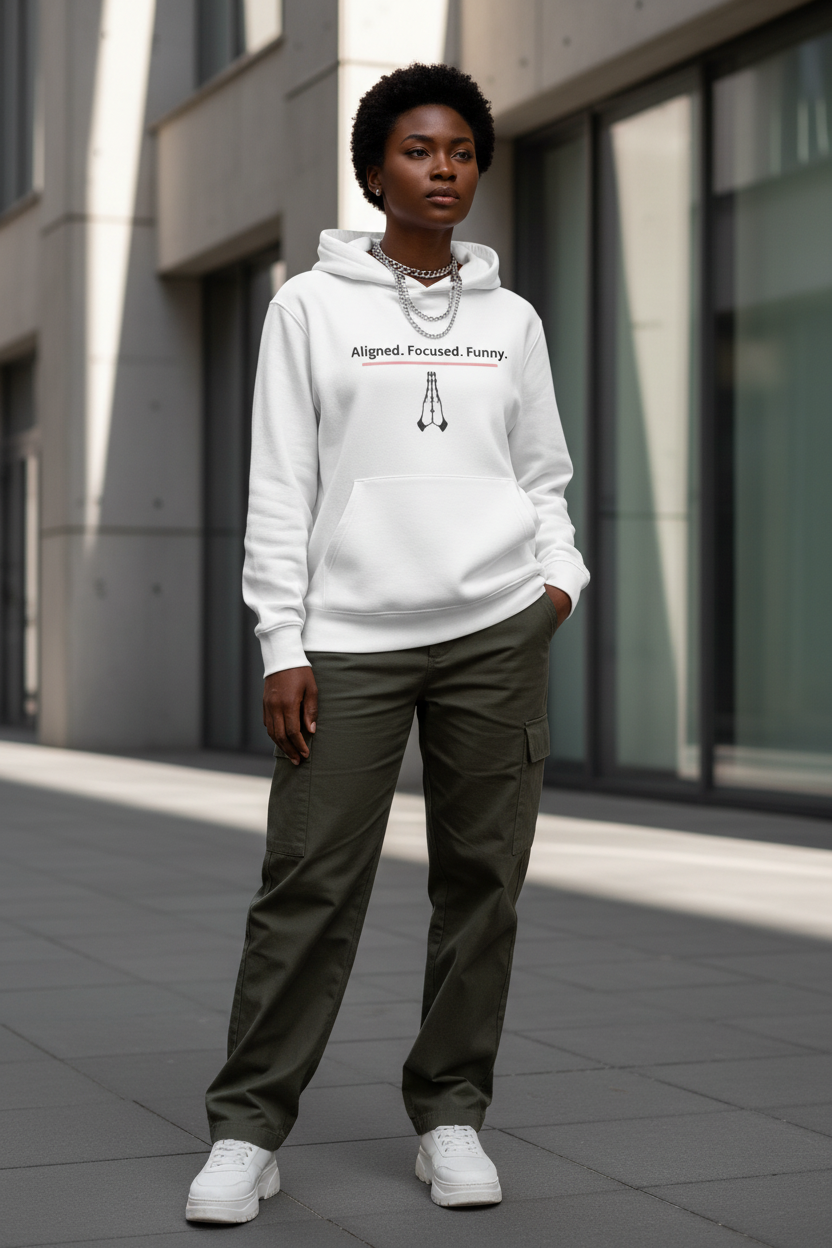 Sharp white hoodie lifestyle campaign